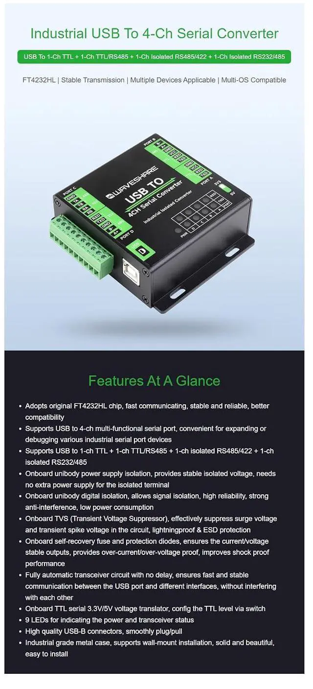Alt view image 3 of 7 - with Original FT4232HL Industrial USB to 4-Ch Serial Converter Supports USB to RS232/485/422/TTL Mac, Linux, Android, Windows 11/10 / 8.1/8 / 7 Support