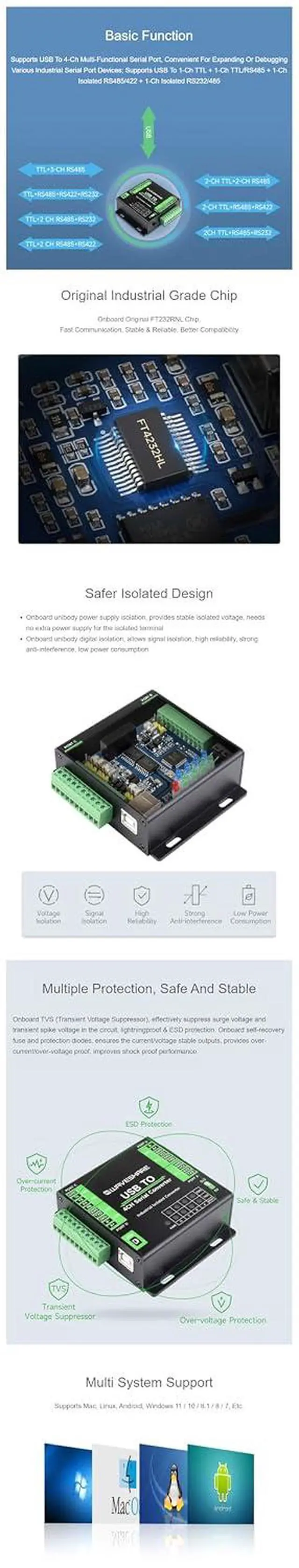 Alt view image 5 of 7 - with Original FT4232HL Industrial USB to 4-Ch Serial Converter Supports USB to RS232/485/422/TTL Mac, Linux, Android, Windows 11/10 / 8.1/8 / 7 Support