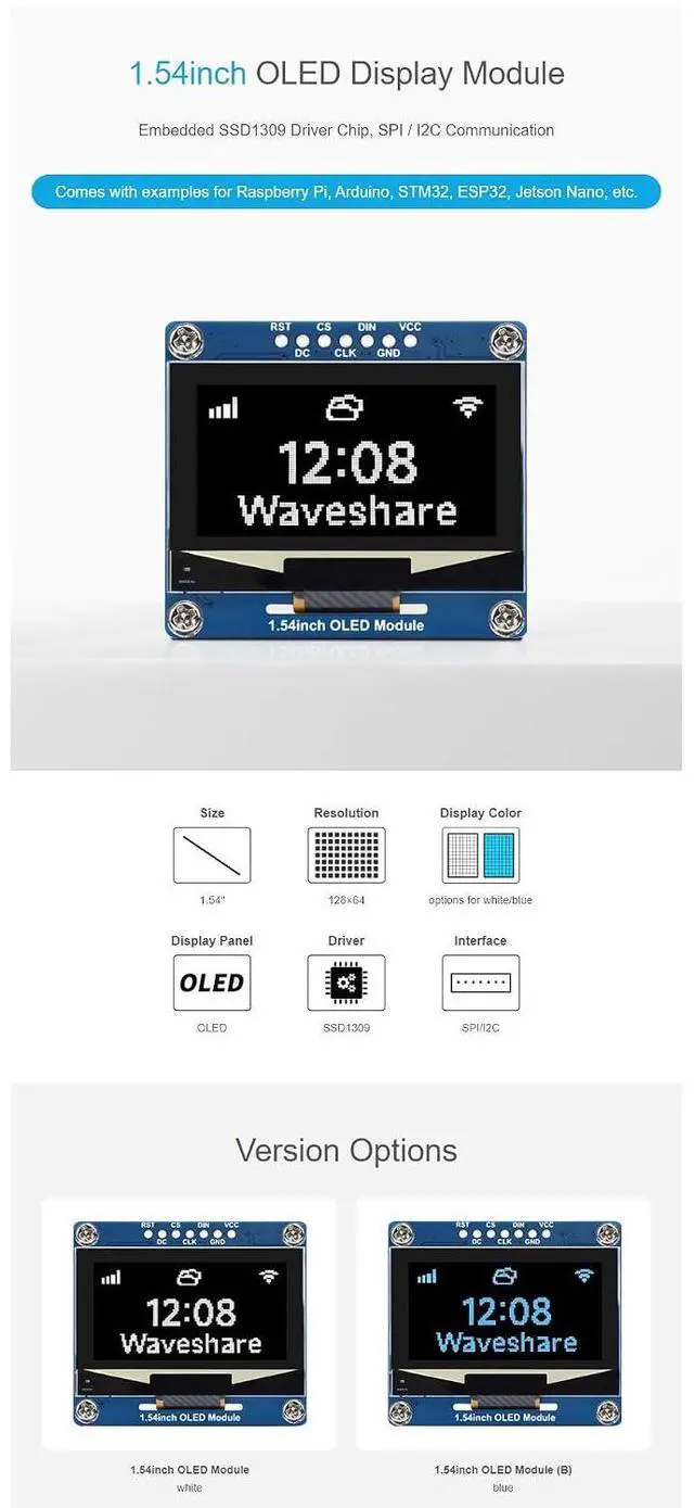 Alt view image 4 of 7 - 1.54 Inch OLED Display Module for Raspberry Pi 4B+ 4B 3B+ 3B 2B+ Zero W WH 2W for Arduino Jetson Nano STM32 128×64 Resolution Blue Display Color