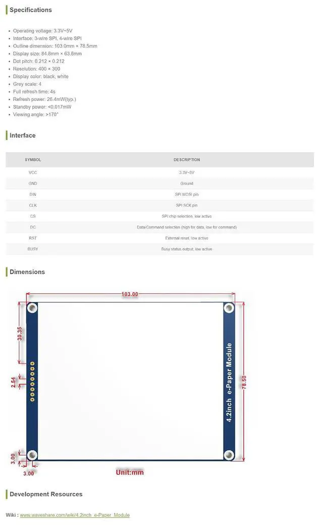 Alt view image 5 of 5 - 4.2inch E-Ink Display E-Paper Screen Module for Raspberry Pi 4B+ 4B 3B+ 3B 2B+ Zero W WH 2 W Jetson Nano SPI Interface 400x300 Resolution