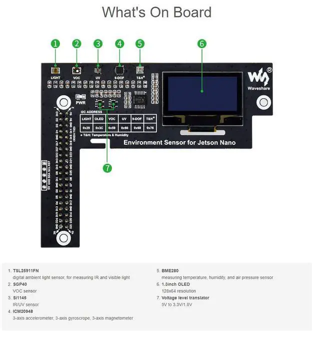 Alt view image 5 of 7 - Environment Sensors Module HAT for Jetson Nano with 1.3inch OLED Display I2C Interface for Measuring Temperature, Humidity, and Air Pressure,etc