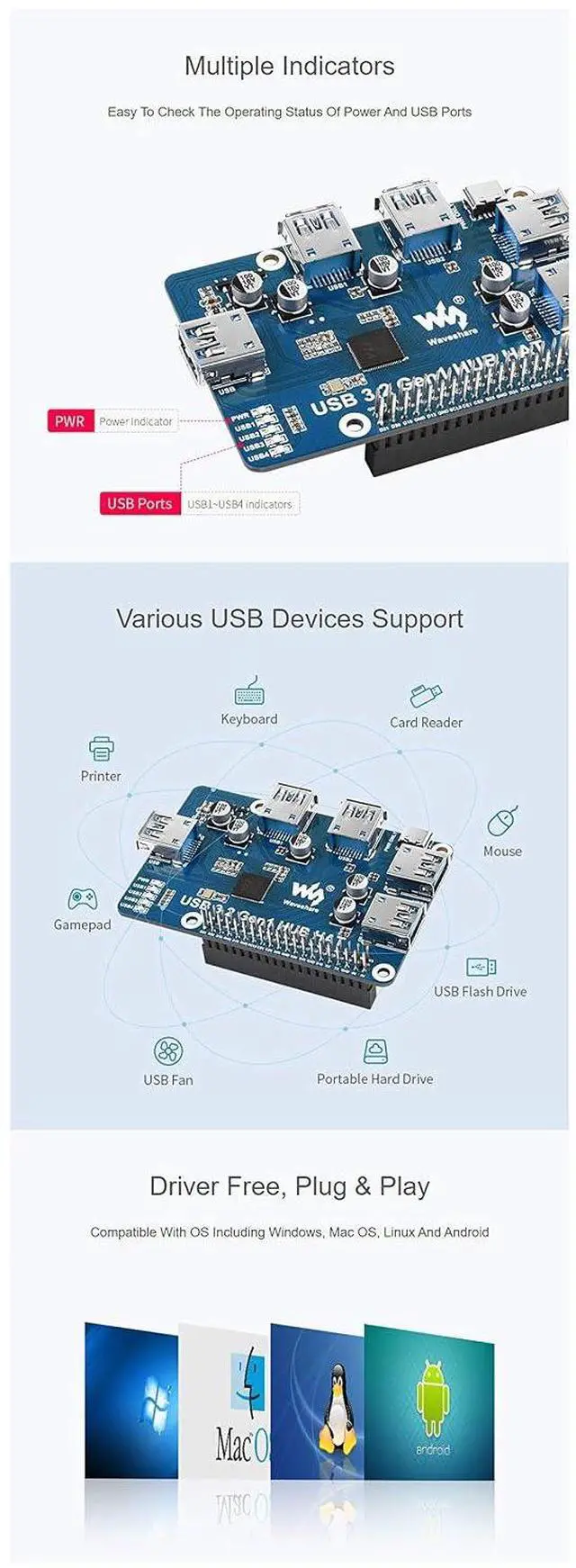 Alt view image 6 of 7 - USB 3.2 Gen1 HUB HAT for Raspberry Pi with 4X USB 3.2 Gen1 Ports, No Need Driver compatible with USB 3.0/2.0/1.1