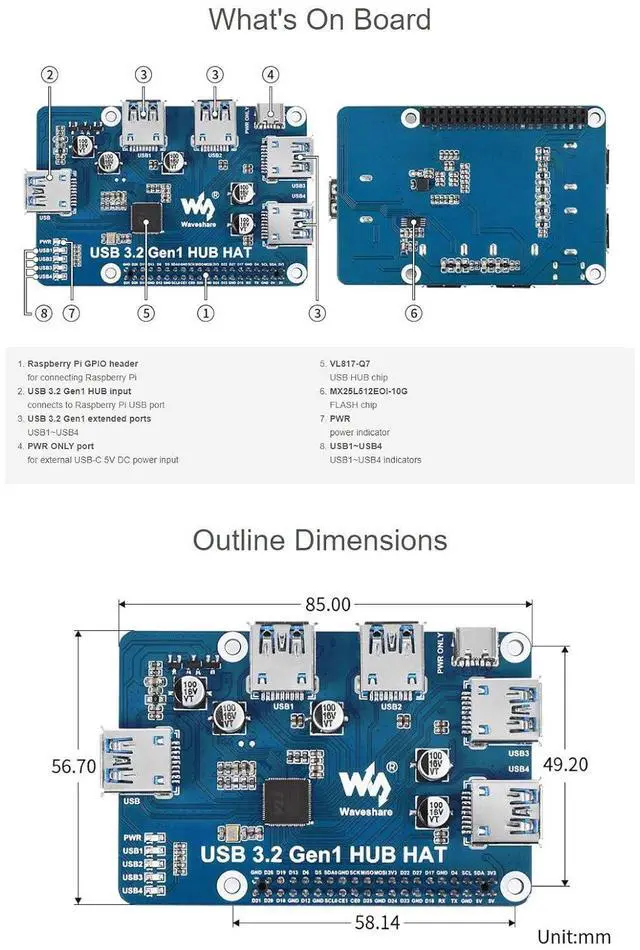Alt view image 7 of 7 - USB 3.2 Gen1 HUB HAT for Raspberry Pi with 4X USB 3.2 Gen1 Ports, No Need Driver compatible with USB 3.0/2.0/1.1