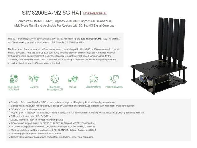 Alt view image 2 of 7 - SIM8200EA-M2 5G HAT with Antennas 5G/4G/3G Support Snapdragon X55 Onboard Multi Mode Multi Band Applicable for Regions with 5G Sub-6G Signal Coverage