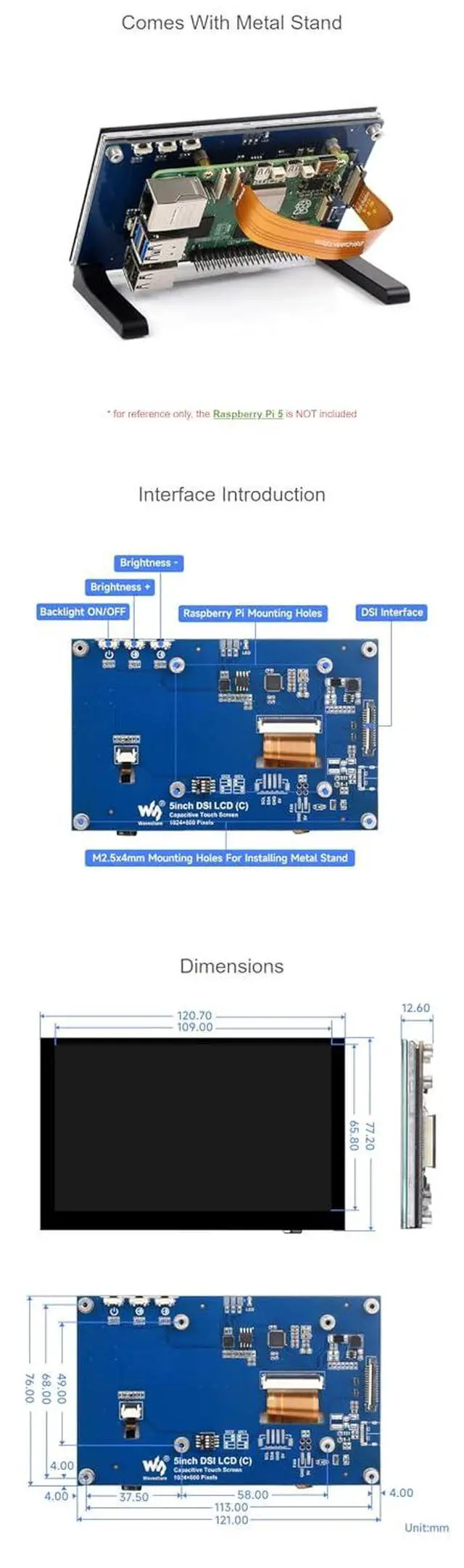 Alt view image 7 of 7 - 5 Inch DSI Touch Display for Raspberry Pi 5, IPS Panel, 1024x600 Resolution, Multi-Touch, Adjustable Brightness