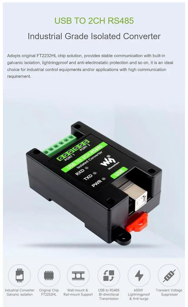 Alt view image 4 of 7 - Industrial Grade Isolated Converter USB to 2CH RS485 Onboard Original FT2232HL Chip 2-CH USB to RS485 Adapter Stable and Reliable Communication