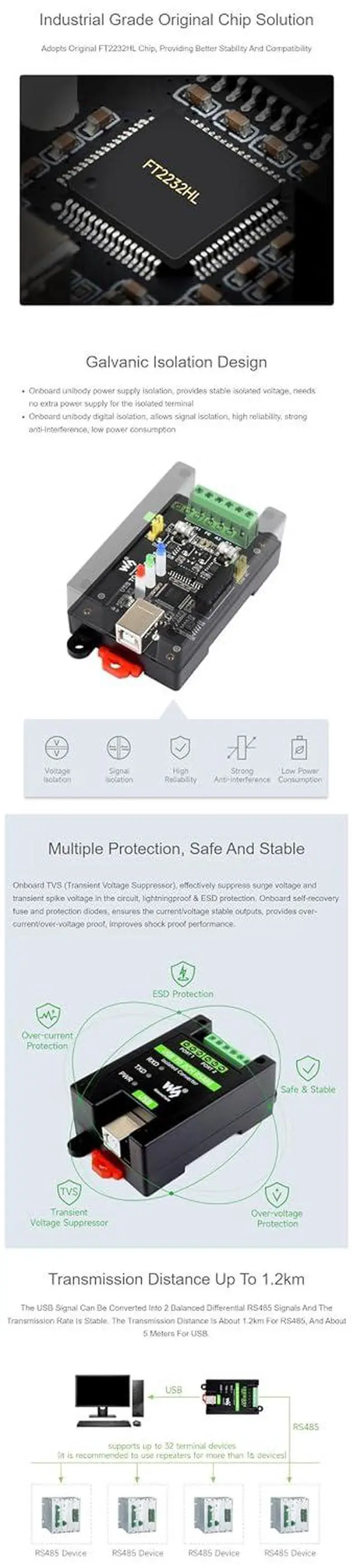 Alt view image 6 of 7 - Industrial Grade Isolated Converter USB to 2CH RS485 Onboard Original FT2232HL Chip 2-CH USB to RS485 Adapter Stable and Reliable Communication