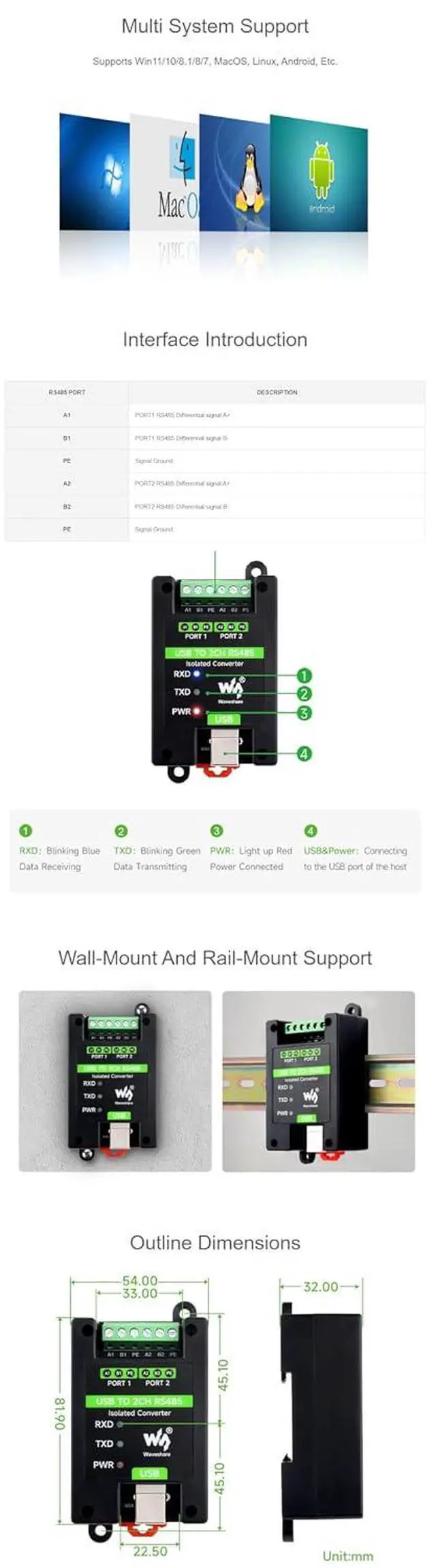 Alt view image 7 of 7 - Industrial Grade Isolated Converter USB to 2CH RS485 Onboard Original FT2232HL Chip 2-CH USB to RS485 Adapter Stable and Reliable Communication
