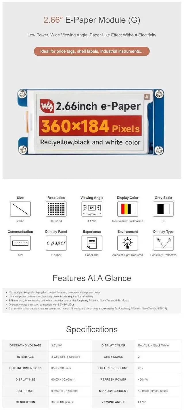 Alt view image 4 of 6 - 2.66inch E-Paper Module (G) for Raspberry Pi 5 4B+ 4B 3B+ 3B 2B+ Zero W WH Jetson Nano for Arduino 360x184 SPI Interface Red/Yellow/Black/White Color