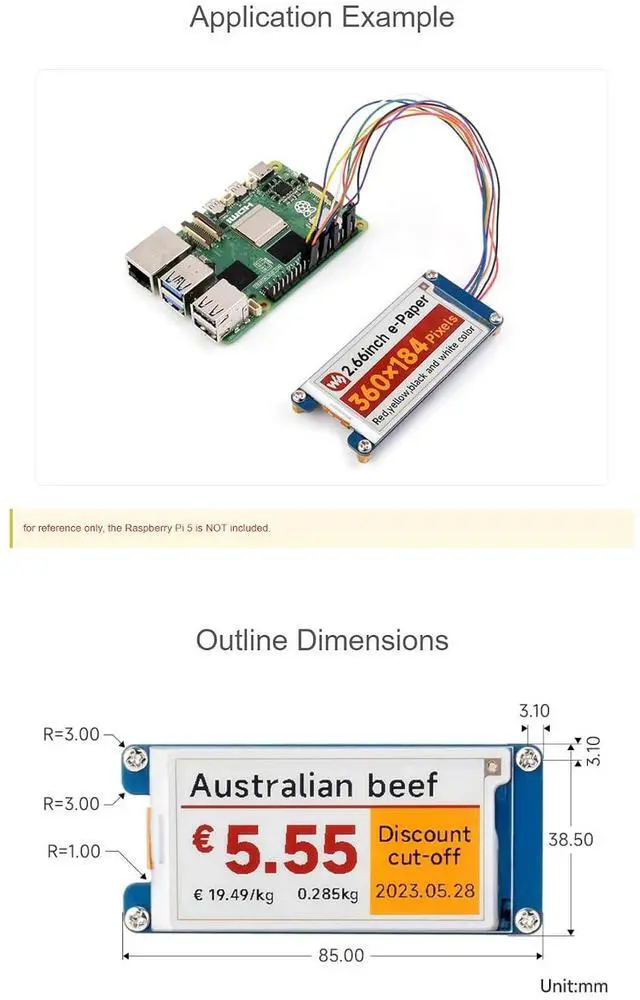 Alt view image 6 of 6 - 2.66inch E-Paper Module (G) for Raspberry Pi 5 4B+ 4B 3B+ 3B 2B+ Zero W WH Jetson Nano for Arduino 360x184 SPI Interface Red/Yellow/Black/White Color