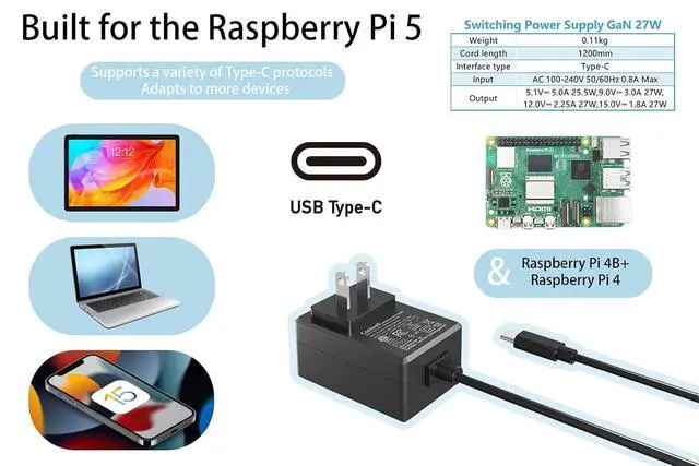 Alt view image 5 of 7 - for Raspberry Pi 5 Power Supply 27W USB-C PD Power Supply Output 5.1V/5A, 9V/3A, 12V/2.25A, 15V/1.8A ETL Listed-GaN PD 5A 27W