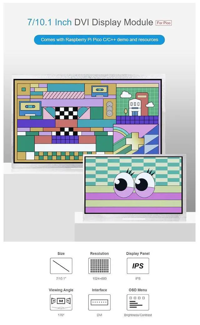 Alt view image 5 of 7 - 10.1 Inch DVI Display Module for Raspberry Pi Pico IPS Panel Screen 1024×600 DVI Interface Built in OSD Menu