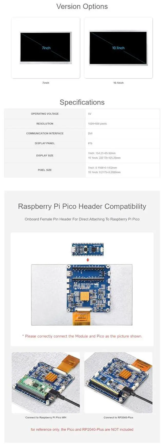 Alt view image 6 of 7 - 10.1 Inch DVI Display Module for Raspberry Pi Pico IPS Panel Screen 1024×600 DVI Interface Built in OSD Menu