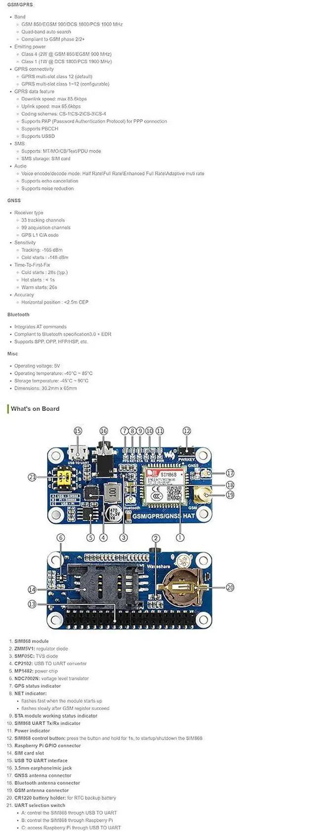 Alt view image 5 of 6 - Raspberry Pi GSM HAT GSM/GPRS/GNSS/Bluetooth Module for Raspberry Pi 4B+ 4B 3B+ 3B 2B+ Zero W WH Based on SIM868 Supports SMS, Phone Call, Email, etc