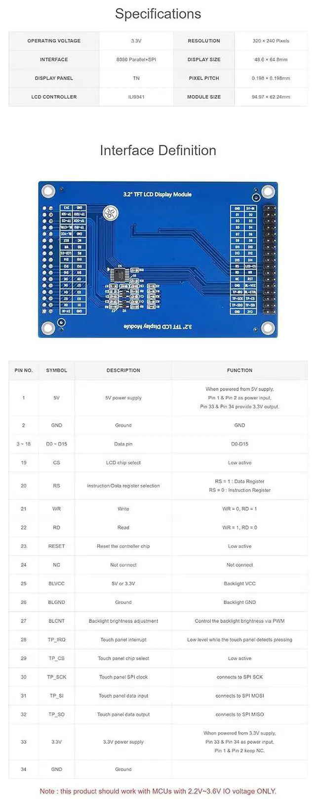 Alt view image 6 of 7 - 3.2 Inch 320x240 Multicolor Graphic LCD,Onboard Controller ILI9341,Touch Panel Controller XPT2046, with Touch Panel