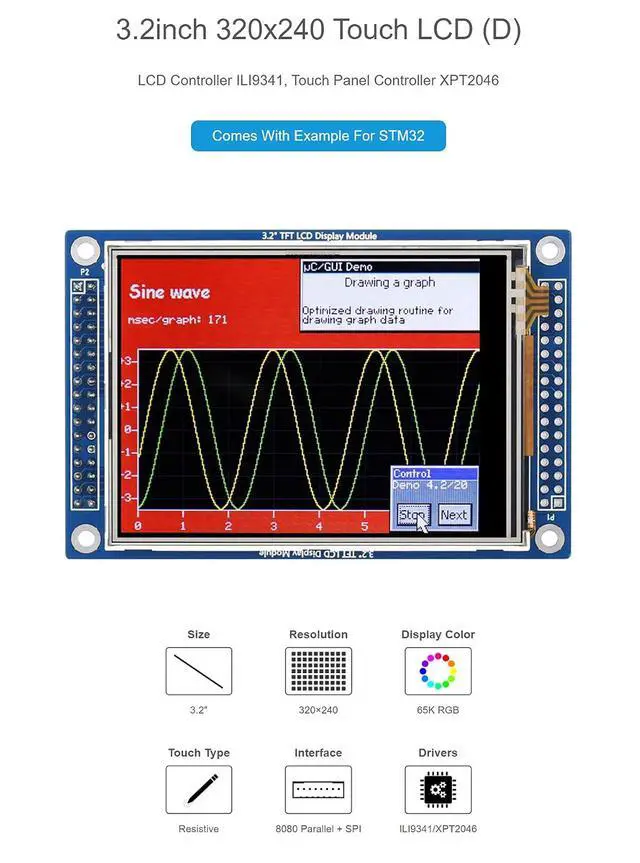 Alt view image 5 of 7 - 3.2 Inch 320x240 Multicolor Graphic LCD,Onboard Controller ILI9341,Touch Panel Controller XPT2046, with Touch Panel
