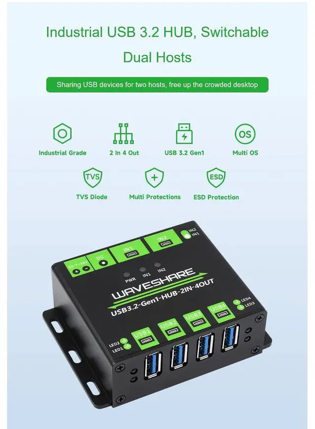 Alt view image 4 of 7 - Industrial Grade USB 3.2 HUB, Switchable Dual Hosts, Multi Protections, Extending 4X USB Ports, 2 in 4 Out, Multi OS