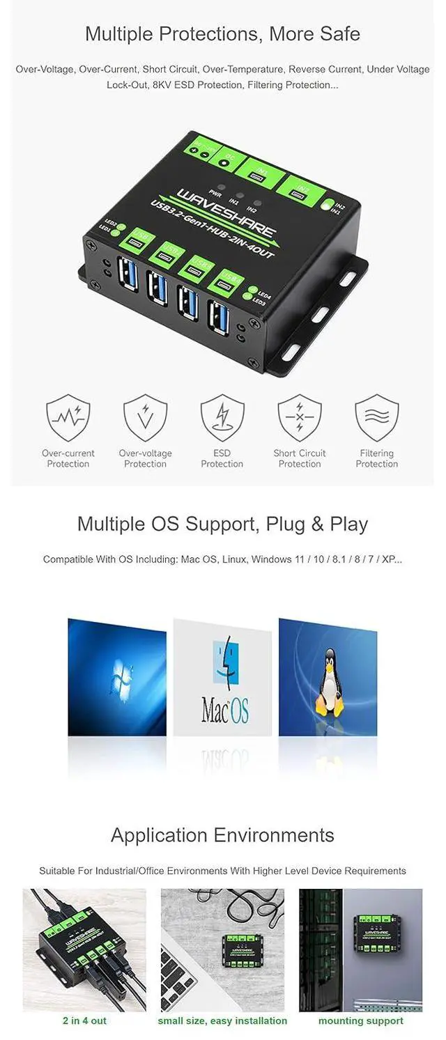 Alt view image 6 of 7 - Industrial Grade USB 3.2 HUB, Switchable Dual Hosts, Multi Protections, Extending 4X USB Ports, 2 in 4 Out, Multi OS