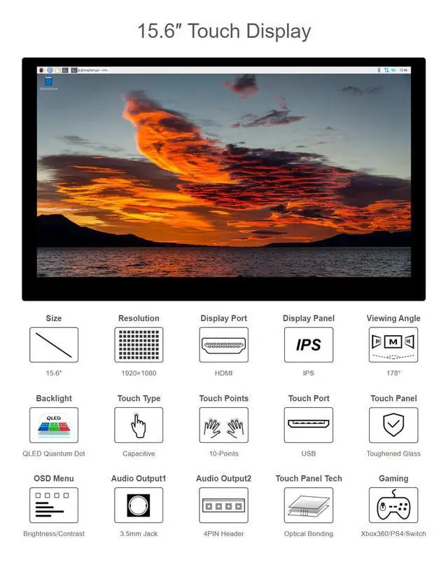 Alt view image 3 of 7 - 15.6inch QLED IPS Display for Raspberry Pi/Jetson Nano/PC/Game Console, 1920 × 1080, 100% SRGB Touch Screen, Toughened Glass Panel