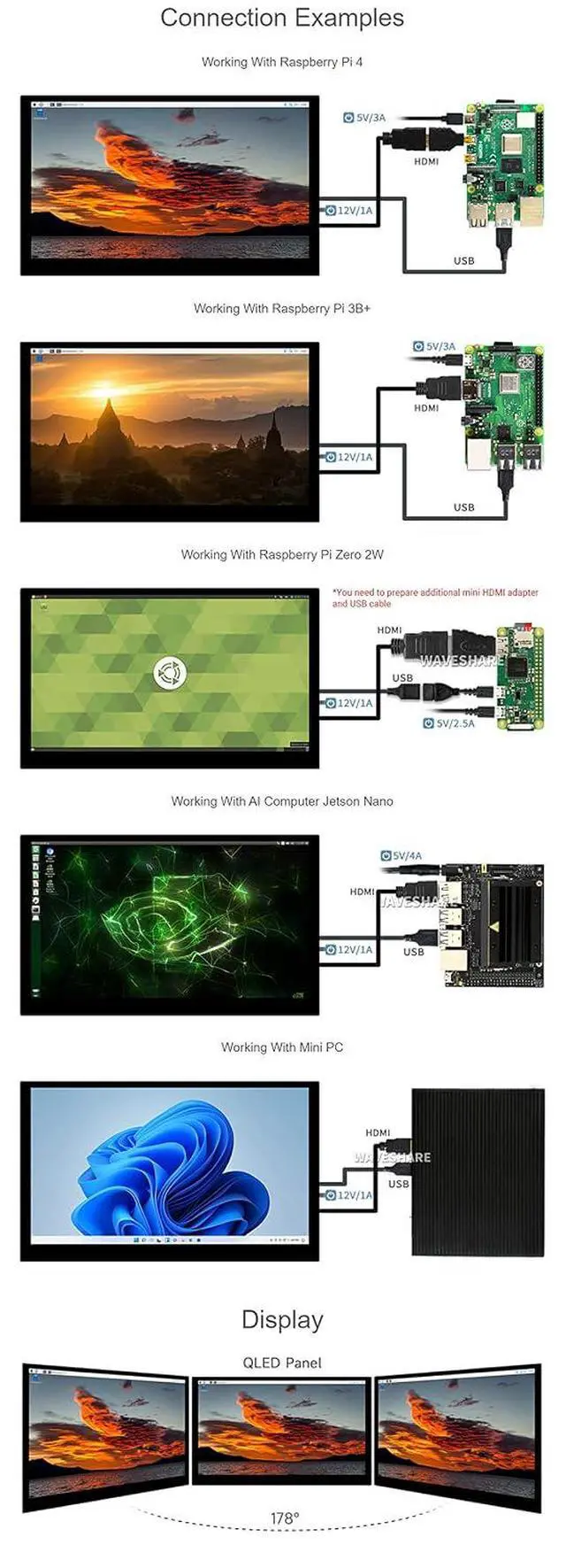 Alt view image 4 of 7 - 15.6inch QLED IPS Display for Raspberry Pi/Jetson Nano/PC/Game Console, 1920 × 1080, 100% SRGB Touch Screen, Toughened Glass Panel