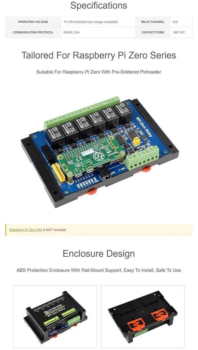 Alt view image 4 of 7 - Industrial 6-Channel Relay Module for Raspberry Pi Zero WH,with ABS Protection Case, RS485/CAN Bus, Power Supply Isolation & Photocoupler Isolation