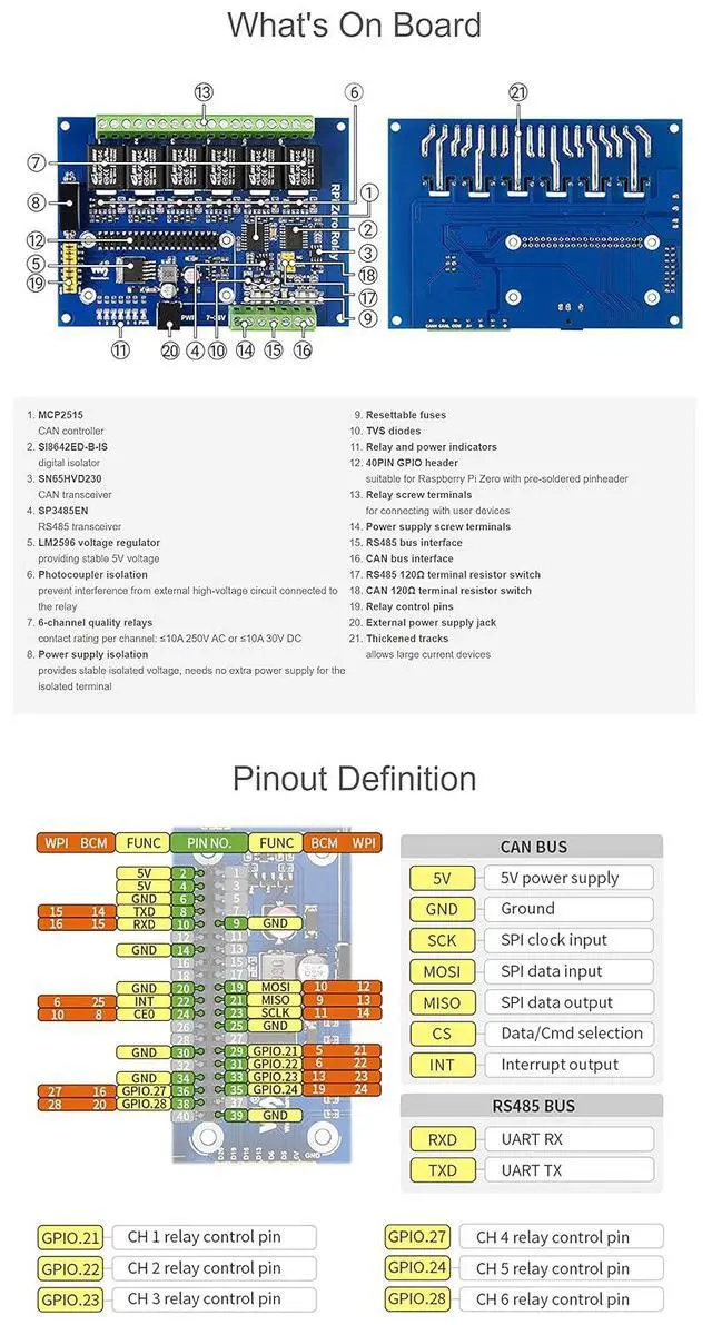 Alt view image 5 of 7 - Industrial 6-Channel Relay Module for Raspberry Pi Zero WH,with ABS Protection Case, RS485/CAN Bus, Power Supply Isolation & Photocoupler Isolation