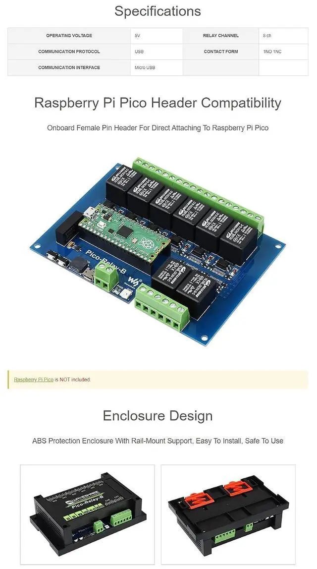 Alt view image 4 of 7 - Industrial 8-Channel Relay Module for Raspberry Pi Pico, with Embedded Protections Power Supply & Photocoupler Isolation