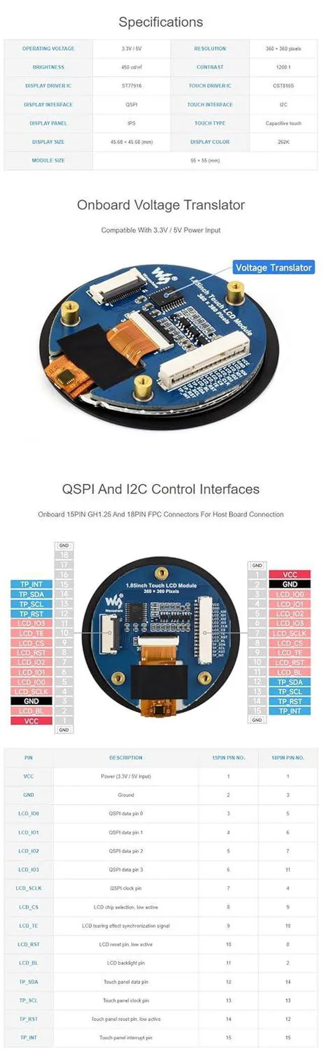 Alt view image 6 of 7 - 1.85inch Touch LCD Module, 360x360 QSPI Display, ST77916