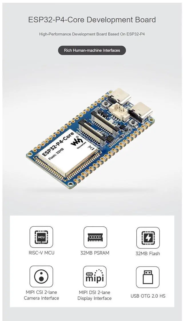 Alt view image 4 of 6 - ESP32-P4-Core-DEV-KIT-M Development Board, RISC-V Dual-Core MCU Board with 32MB PSRAM, 32MB Flash, USB OTG 2.0 HS, MIPI CSI DSI, GPIO Header for Multimedia Development