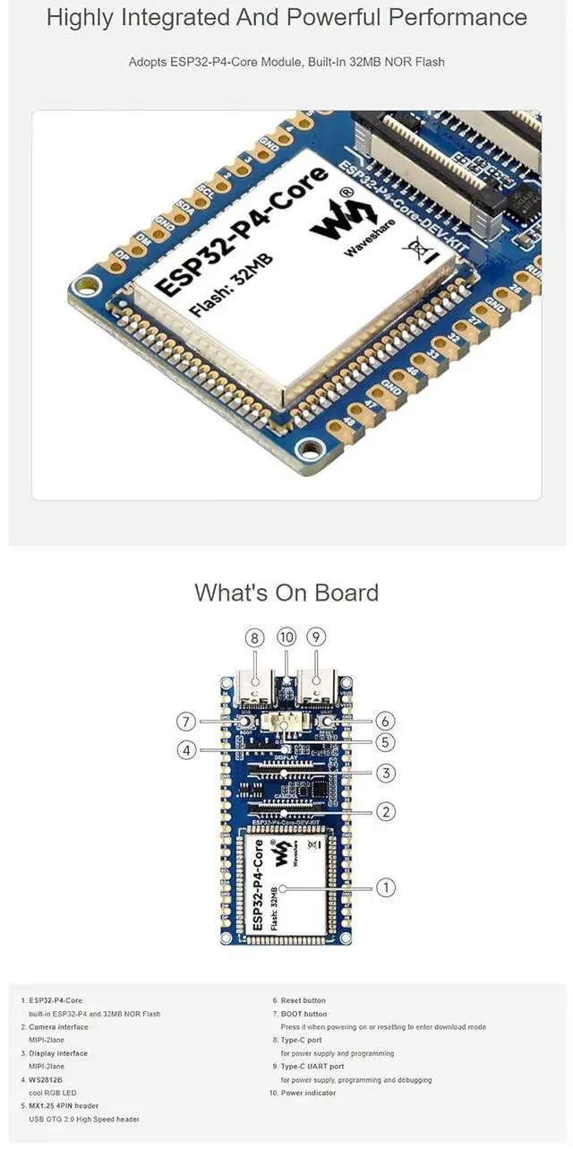 Alt view image 5 of 6 - ESP32-P4-Core-DEV-KIT-M Development Board, RISC-V Dual-Core MCU Board with 32MB PSRAM, 32MB Flash, USB OTG 2.0 HS, MIPI CSI DSI, GPIO Header for Multimedia Development