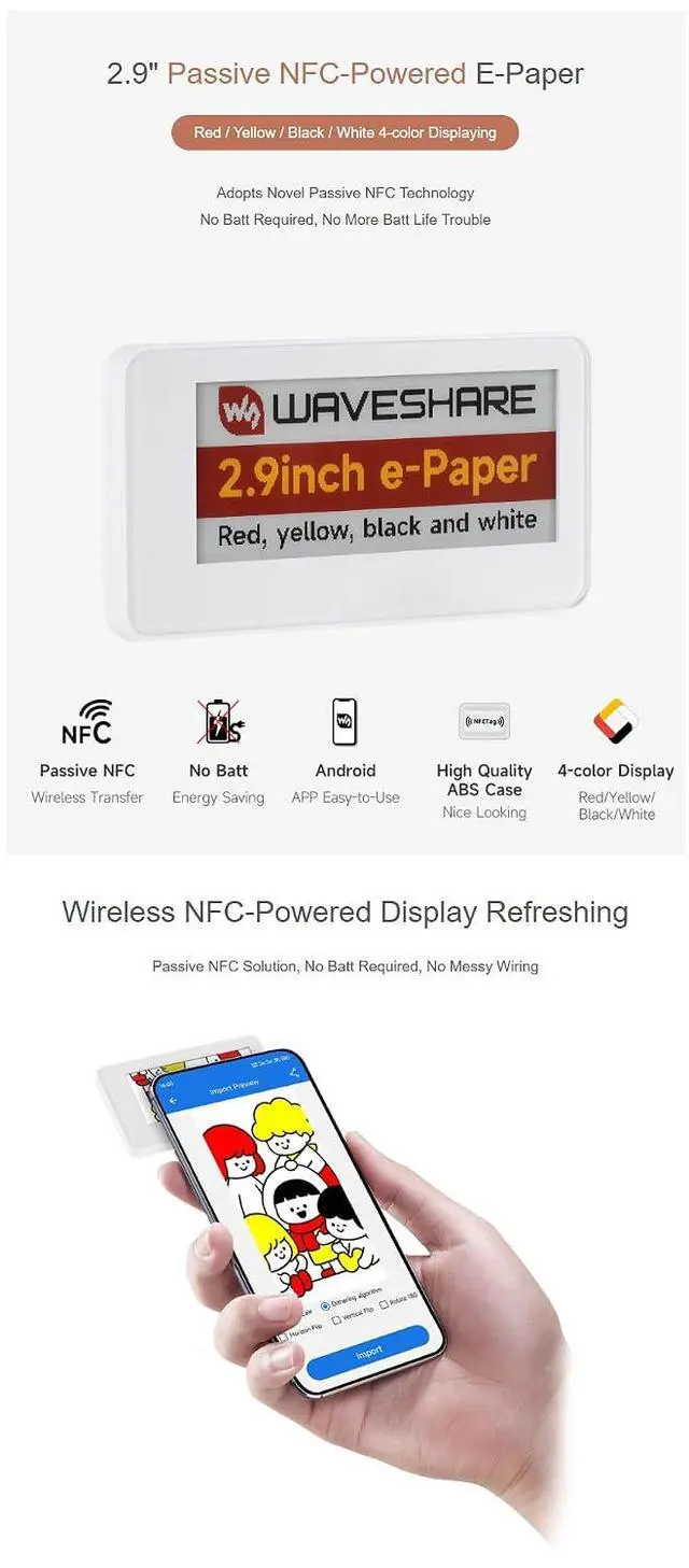 Alt view image 5 of 7 - 2.9inch Passive NFC-Powered e-Paper Tag, 4-Color Red Yellow Black White E-Ink Electronic Label Module with ABS Case for Price Tag Asset Tag Shelf Label Name Tag
