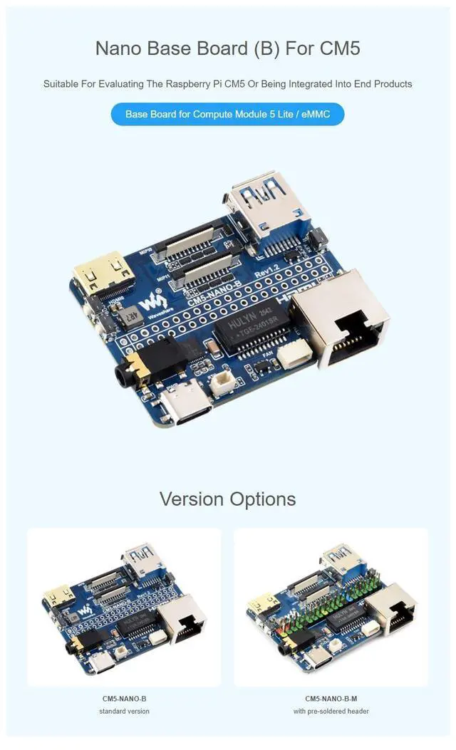Alt view image 5 of 7 - Nano Base Board for Raspberry Pi Compute Module 5, CM5 Mini Expansion Board with Pre-Soldered Header, 4K HDMI, USB 3.2, Gigabit Ethernet, Dual MIPI, PCIe, 40PIN GPIO