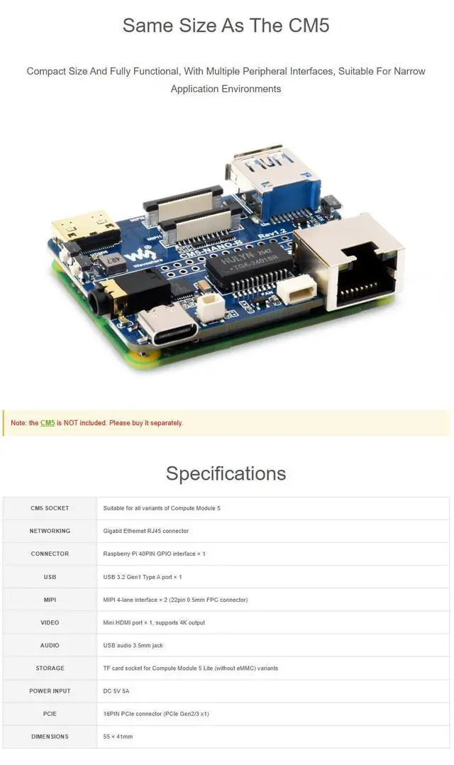 Alt view image 6 of 7 - Nano Base Board for Raspberry Pi Compute Module 5, CM5 Mini Expansion Board with Pre-Soldered Header, 4K HDMI, USB 3.2, Gigabit Ethernet, Dual MIPI, PCIe, 40PIN GPIO