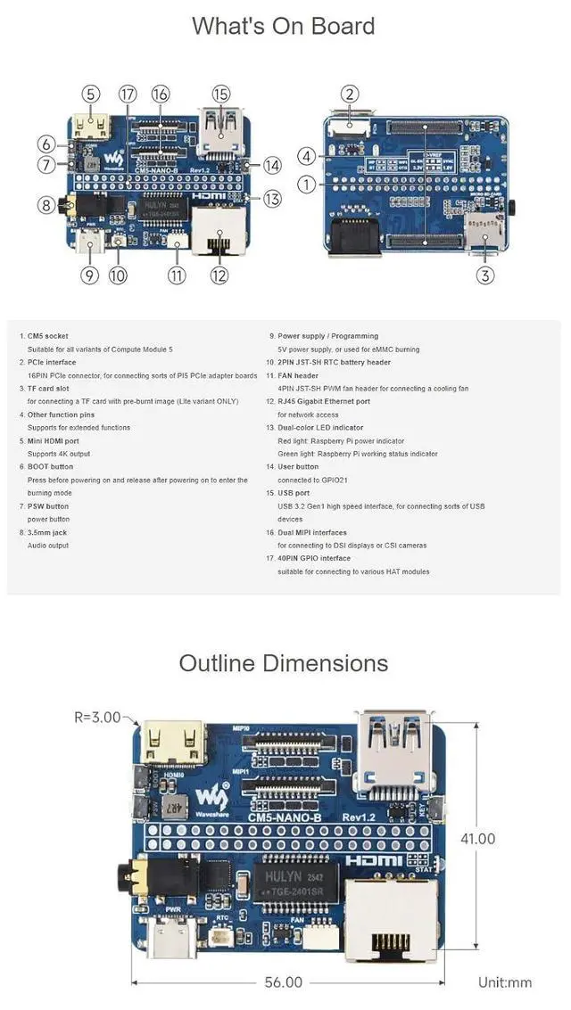 Alt view image 7 of 7 - Nano Base Board for Raspberry Pi Compute Module 5, CM5 Mini Expansion Board with Pre-Soldered Header, 4K HDMI, USB 3.2, Gigabit Ethernet, Dual MIPI, PCIe, 40PIN GPIO