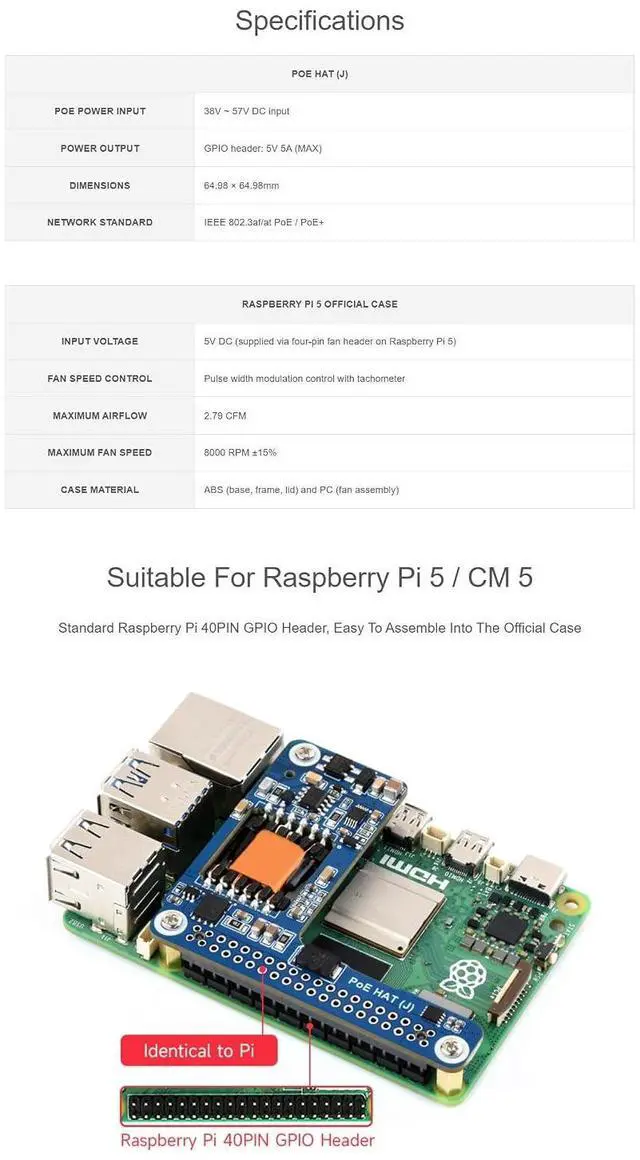 Alt view image 2 of 7 - PoE+ HAT for Raspberry Pi 5/CM5, Power Over Ethernet HAT 5V 5A Output, IEEE 802.3af/at PoE HAT Board with Isolated SMPS, 40PIN GPIO Header