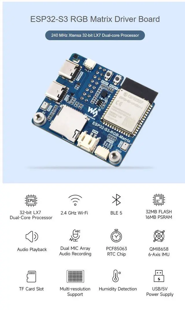 Alt view image 4 of 7 - RGB Matrix Driver Board, ESP32-S3 HUB75 LED Matrix Development Board with Dual Microphone Array, TF Card Slot, RTC, IMU, Audio Codec, LVGL Support for AI Display Projects