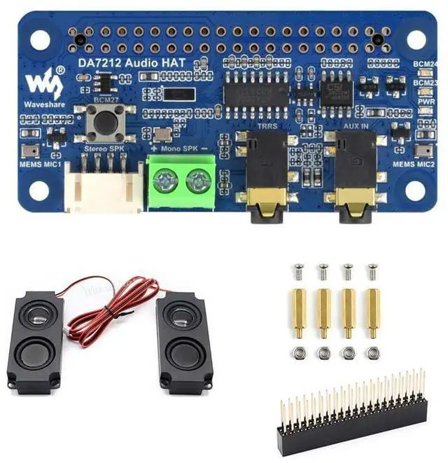 Main image of DA7212 I2S Audio Board for Raspberry Pi, Stereo Audio Codec HAT with Dual Microphones, 3.5mm Headphone Jack + AUX Input, Speaker Terminal/PH2.0 Header, I2C Control, 24-bit/96kHz, EEPROM Auto Load