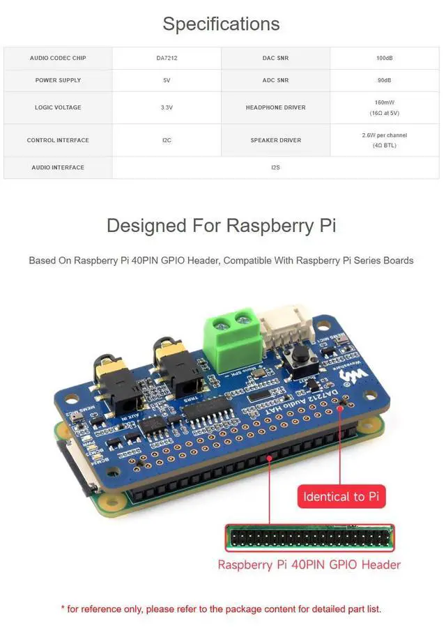 Alt view image 3 of 7 - DA7212 I2S Audio Board for Raspberry Pi, Stereo Audio Codec HAT with Dual Microphones, 3.5mm Headphone Jack + AUX Input, Speaker Terminal/PH2.0 Header, I2C Control, 24-bit/96kHz, EEPROM Auto Load