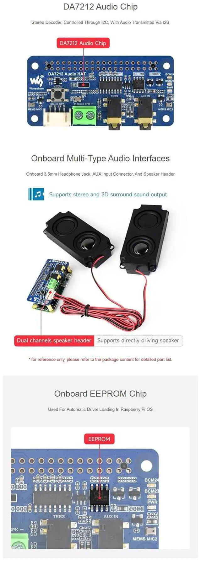 Alt view image 4 of 7 - DA7212 I2S Audio Board for Raspberry Pi, Stereo Audio Codec HAT with Dual Microphones, 3.5mm Headphone Jack + AUX Input, Speaker Terminal/PH2.0 Header, I2C Control, 24-bit/96kHz, EEPROM Auto Load