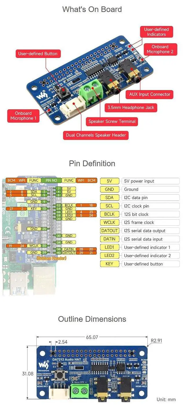 Alt view image 5 of 7 - DA7212 I2S Audio Board for Raspberry Pi, Stereo Audio Codec HAT with Dual Microphones, 3.5mm Headphone Jack + AUX Input, Speaker Terminal/PH2.0 Header, I2C Control, 24-bit/96kHz, EEPROM Auto Load