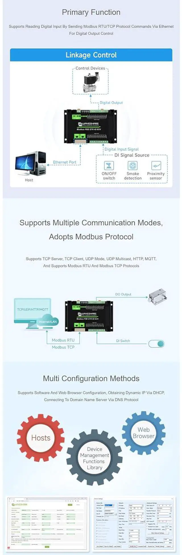 Alt view image 2 of 7 - PoE Ethernet Modbus IO Module 8DI 8DO, Modbus TCP/RTU, Dual LAN Ports Cascade, IEEE 802.3af PoE + DC 7-36V, 500mA Sink Outputs, DIN Rail Mount, Isolation Protection