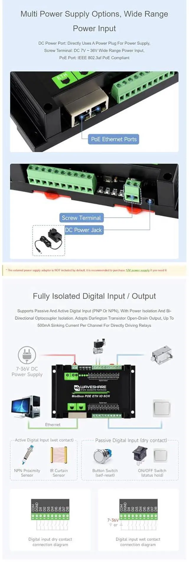 Alt view image 3 of 7 - PoE Ethernet Modbus IO Module 8DI 8DO, Modbus TCP/RTU, Dual LAN Ports Cascade, IEEE 802.3af PoE + DC 7-36V, 500mA Sink Outputs, DIN Rail Mount, Isolation Protection