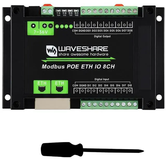 Main image of PoE Ethernet Modbus IO Module 8DI 8DO, Modbus TCP/RTU, Dual LAN Ports Cascade, IEEE 802.3af PoE + DC 7-36V, 500mA Sink Outputs, DIN Rail Mount, Isolation Protection