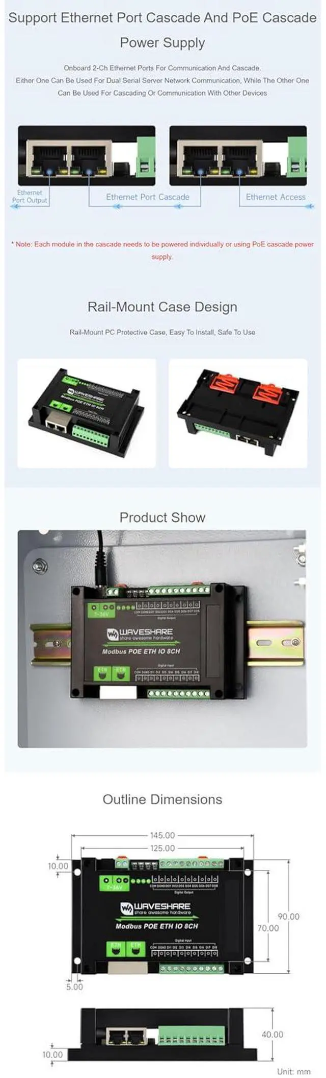 Alt view image 5 of 7 - PoE Ethernet Modbus IO Module 8DI 8DO, Modbus TCP/RTU, Dual LAN Ports Cascade, IEEE 802.3af PoE + DC 7-36V, 500mA Sink Outputs, DIN Rail Mount, Isolation Protection