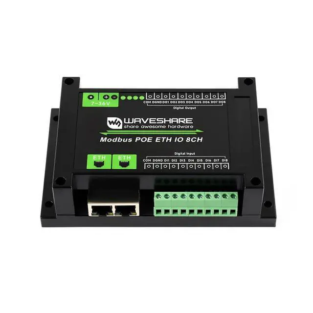 Alt view image 6 of 7 - PoE Ethernet Modbus IO Module 8DI 8DO, Modbus TCP/RTU, Dual LAN Ports Cascade, IEEE 802.3af PoE + DC 7-36V, 500mA Sink Outputs, DIN Rail Mount, Isolation Protection