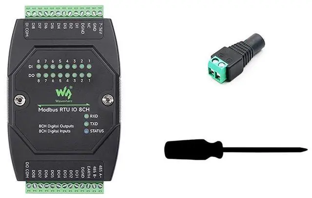 Main image of Modbus RTU IO Module 8DI 8DO, Industrial RS485 Digital Input Output Controller, DC 7-36V Supply, Optocoupler Isolation, 500mA Sinking Open-Drain Outputs, DIN Rail Mount, TVS/Fuse Protection
