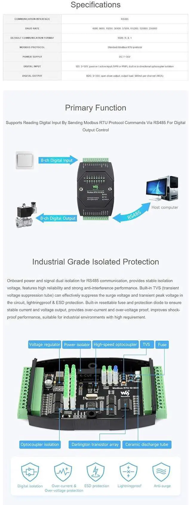Alt view image 2 of 7 - Modbus RTU IO Module 8DI 8DO, Industrial RS485 Digital Input Output Controller, DC 7-36V Supply, Optocoupler Isolation, 500mA Sinking Open-Drain Outputs, DIN Rail Mount, TVS/Fuse Protection