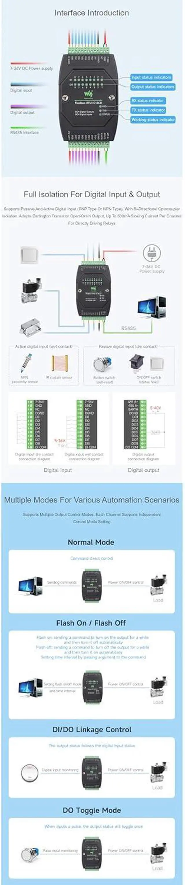 Alt view image 3 of 7 - Modbus RTU IO Module 8DI 8DO, Industrial RS485 Digital Input Output Controller, DC 7-36V Supply, Optocoupler Isolation, 500mA Sinking Open-Drain Outputs, DIN Rail Mount, TVS/Fuse Protection