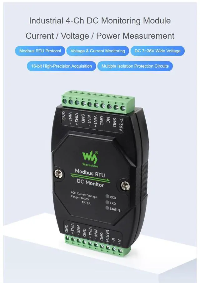 Alt view image 2 of 7 - Modbus RTU DC Monitor 4CH, RS485 Voltage Current Power Meter, 16-bit High Precision, 36V & 8A Bidirectional Current, 7-36V Supply, DIN Rail Mount, Isolation/TVS/Fuse