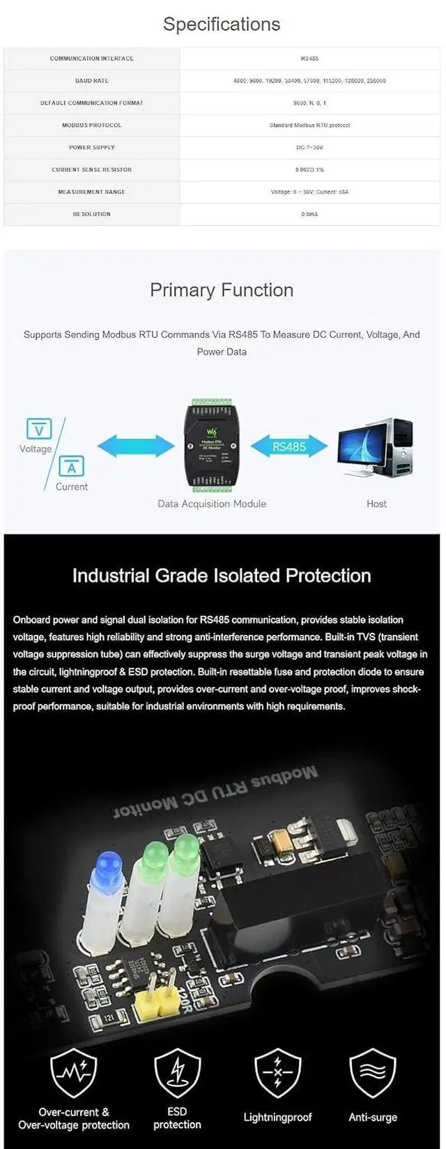 Alt view image 3 of 7 - Modbus RTU DC Monitor 4CH, RS485 Voltage Current Power Meter, 16-bit High Precision, 36V & 8A Bidirectional Current, 7-36V Supply, DIN Rail Mount, Isolation/TVS/Fuse
